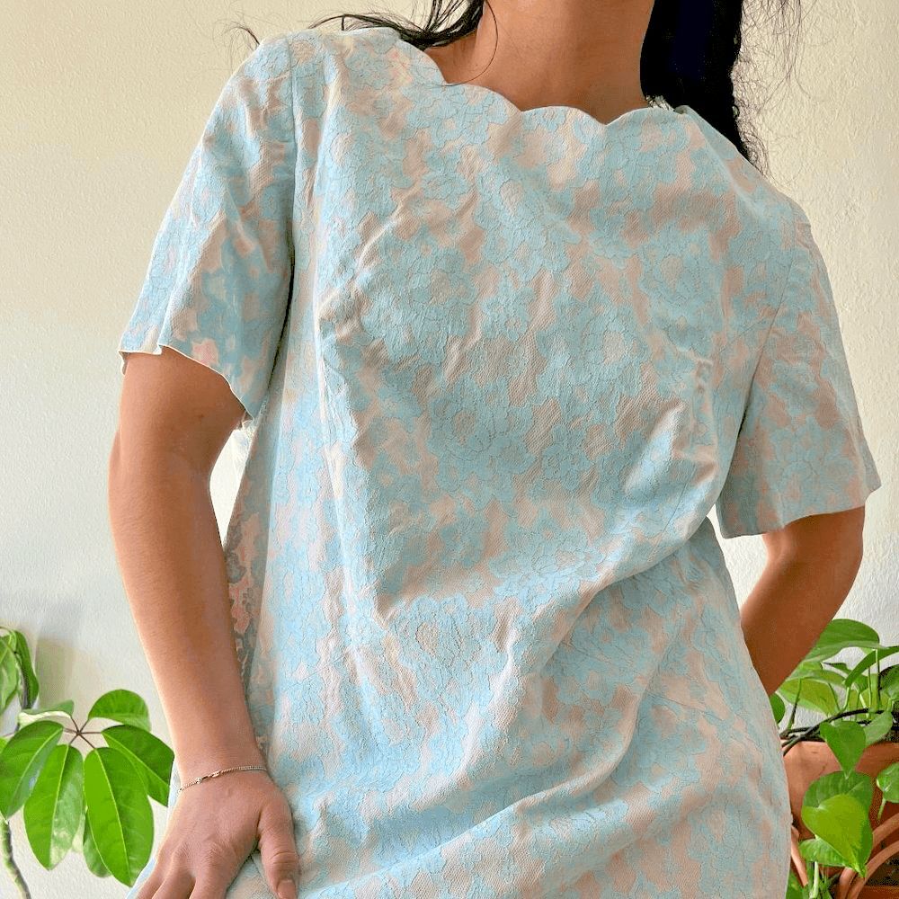 vtg 60s handmade short sleeve blue lace shift dress straight midi length medium